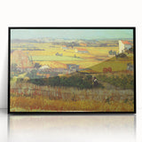 Large abstract wall art featuring swirling blue and yellow patterns on an acrylic print, framed in black.