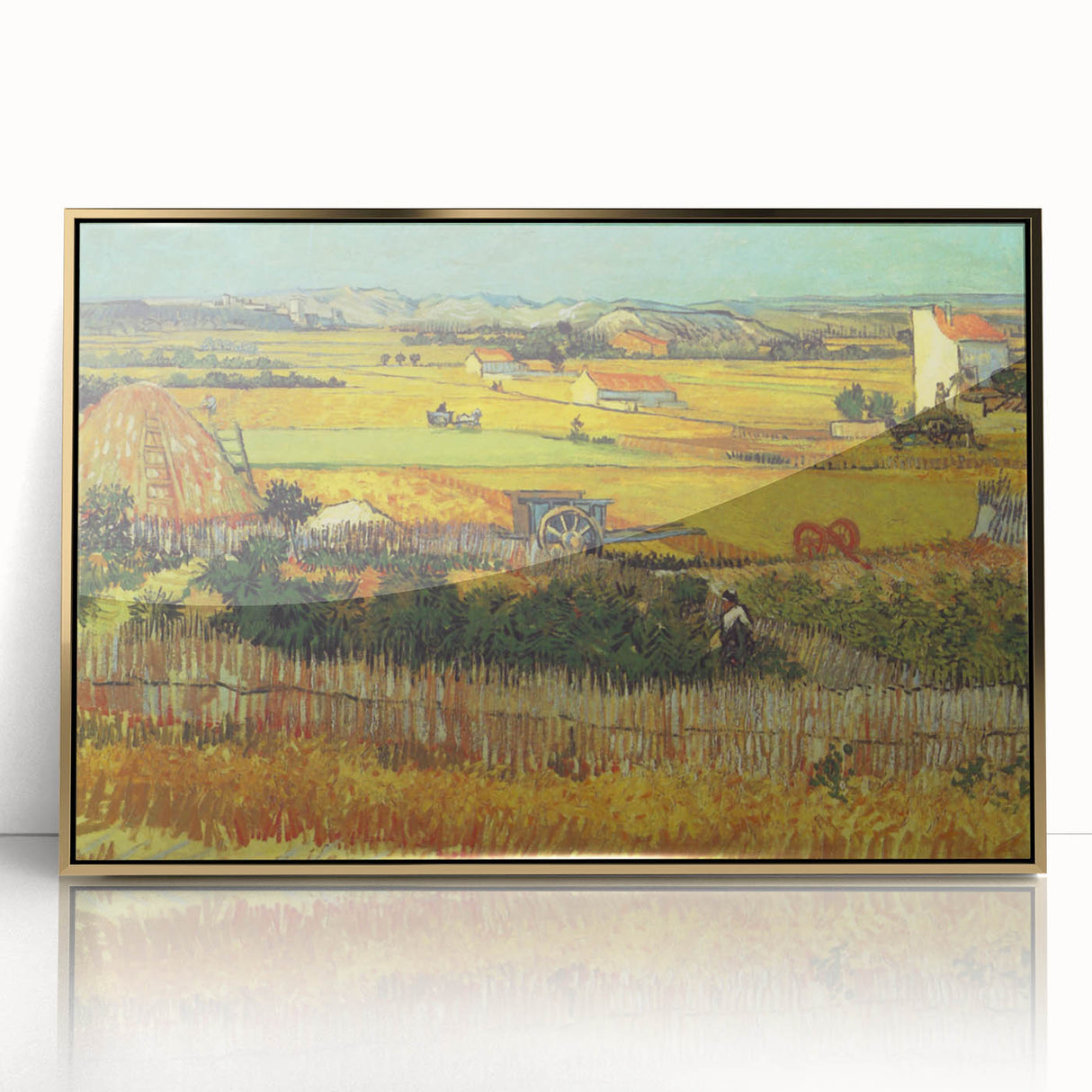 Art Deco poster of Van Gogh's Starry Night in a gold frame, rendered in vibrant blue and yellow tones.