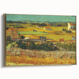 Side view of a framed canvas depicting a Van Gogh landscape in muted earth tones, ideal for bedroom wall art.