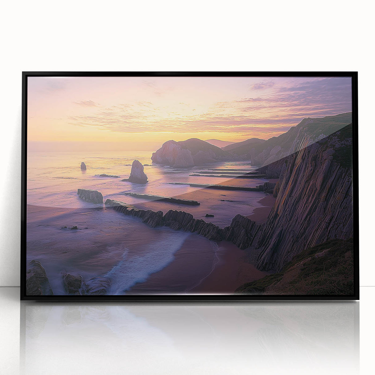 Framed acrylic artwork showcasing a dramatic landscape of cliffs against a vibrant sky, highlighted by a sleek black frame, perfect for modern home decor.