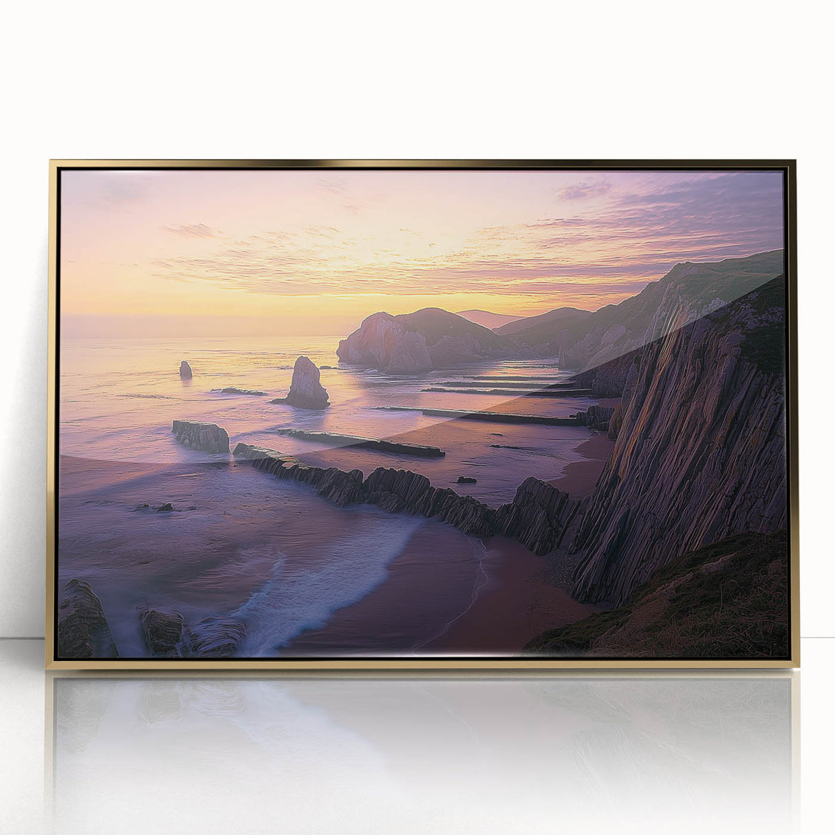 Framed acrylic artwork showcasing a dramatic landscape of golden cliffs under a vibrant sky, perfect for modern home decor to enhance any room's ambiance.