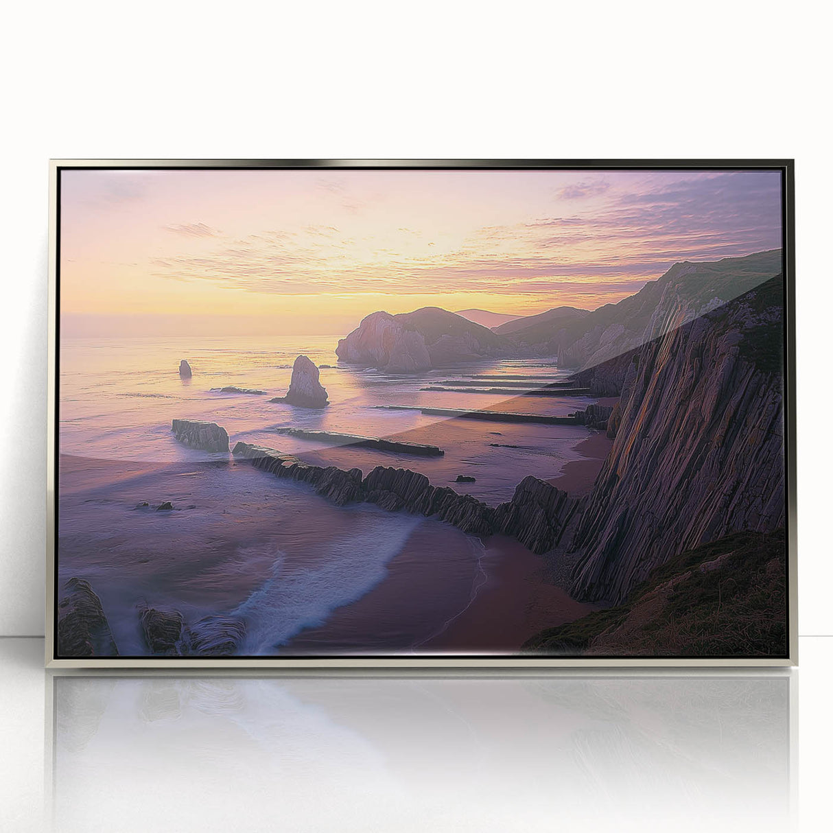 Framed acrylic wall art depicting a serene landscape of cliffs, featuring soft colors and intricate details, ideal for enhancing modern home decor.