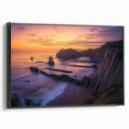Framed canvas artwork depicting a stunning landscape with dramatic cliffs, showcasing vibrant colors and intricate detailing, designed to enhance any room's decor.