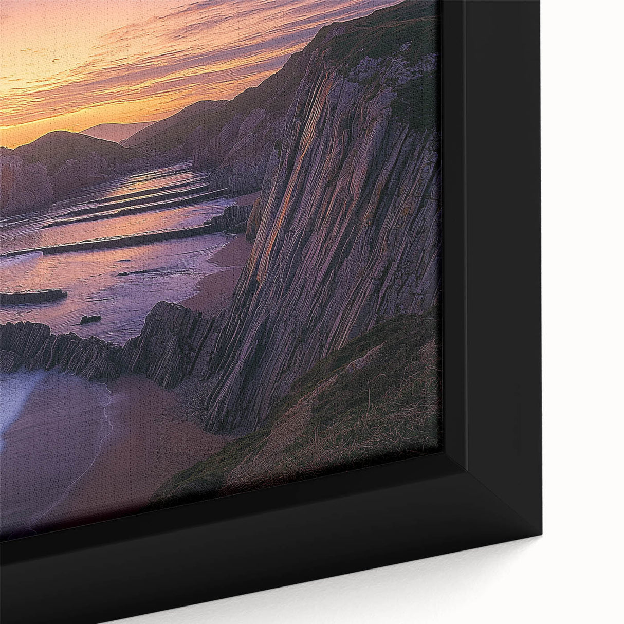 Close-up of a framed canvas artwork depicting stunning cliffs and landscapes in vibrant colors, showcasing intricate details and textures ideal for home decor.