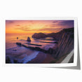 Stunning landscape print showcasing dramatic cliffs against a vibrant sunset, rolled for easy transport and framed display, ideal for home decor enthusiasts.