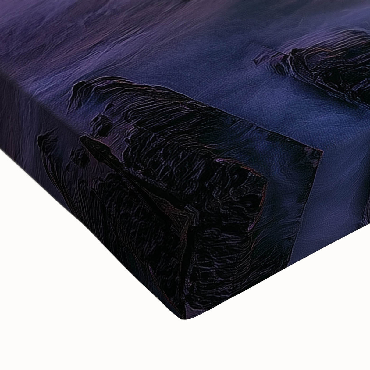 Close-up of a stretched canvas artwork depicting vibrant landscapes with dramatic cliffs and serene skies, showcasing rich colors and textures for home decor.