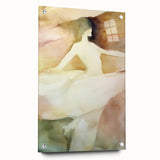 Abstract figurative acrylic artwork displayed from the side, featuring vibrant colors and intricate pin details, ideal for modern home decor.