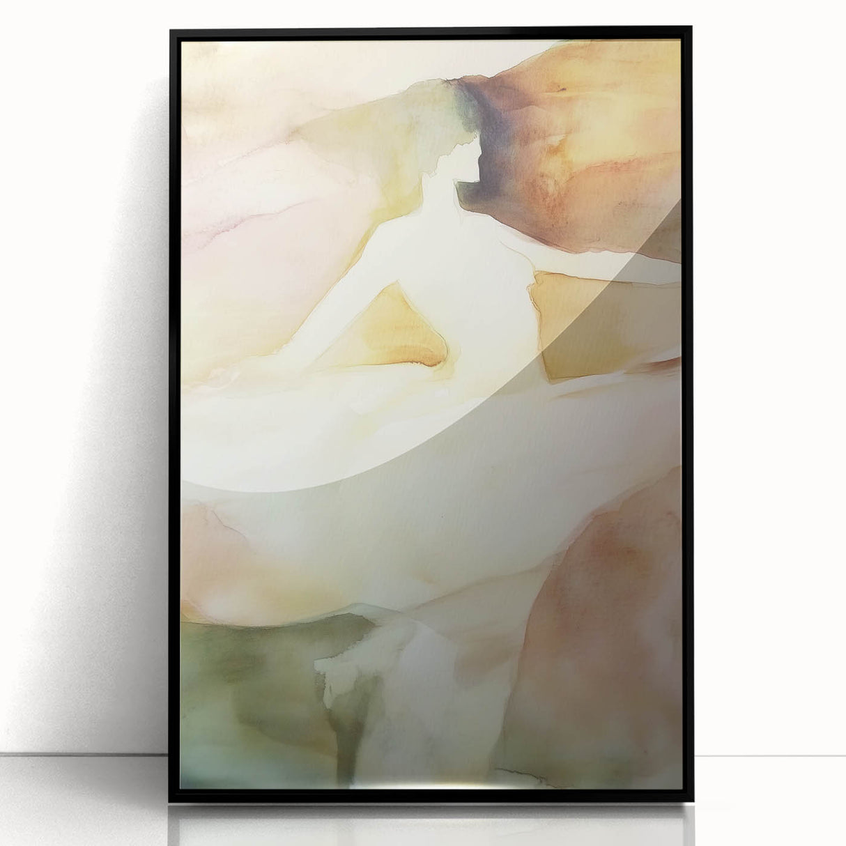 Abstract figurative artwork in a black frame, showcasing vibrant colors and dynamic shapes, adds a modern touch to any decor. Perfect for contemporary art lovers.