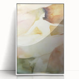 Abstract figurative framed acrylic artwork in white, showcasing vibrant colors and dynamic shapes, perfect for modern home decor, enhancing artistic ambiance.