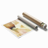 Abstract figurative art print on rolled canvas showcasing vibrant colors and dynamic shapes, ideal for modern home decor, packaged securely in a cardboard tube.