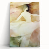 Abstract figurative art on stretched canvas, featuring vibrant colors and dynamic shapes, leaning against a neutral wall, ideal for modern home decor.