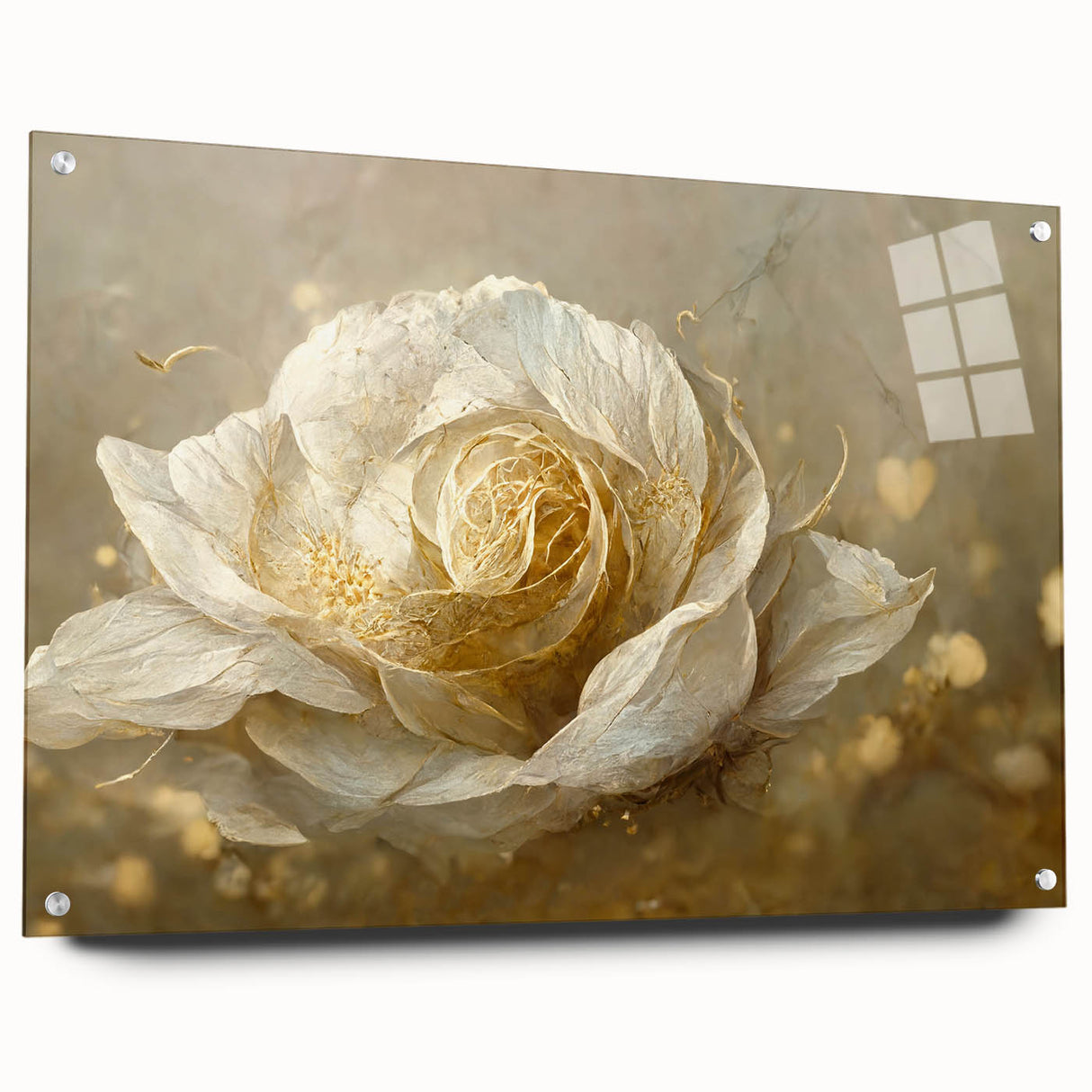 Abstract floral wall art displayed in a side view, featuring vibrant colors and intricate designs, secured with pins on an acrylic glass surface, highlighting modern decor aesthetics.