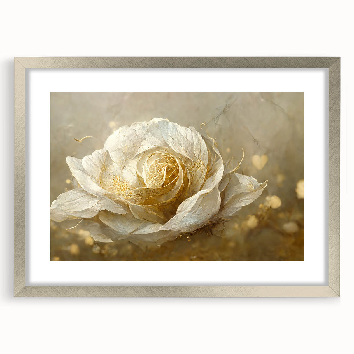 Abstract floral wall art framed in silver, showcasing vibrant colors and intricate details, perfect for modern home decor. The mat enhances its aesthetic appeal, adding depth to the design.