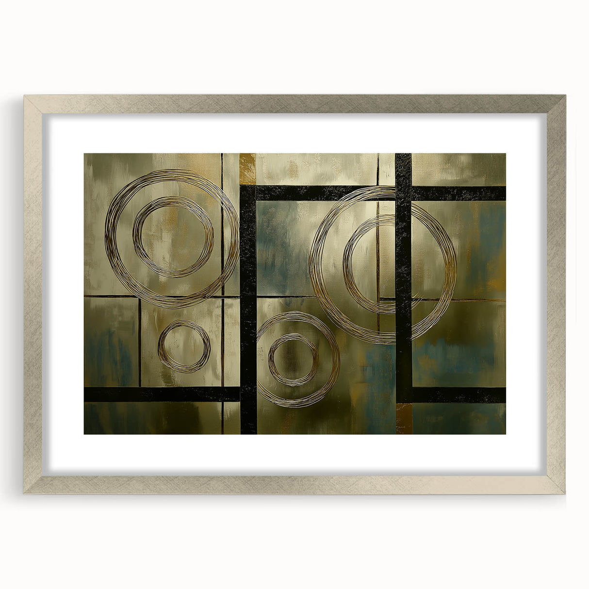 Silver geometric frame with a mat, showcasing an abstract design, viewed from the front. Ideal for modern home decor or art display, enhancing any wall aesthetic.