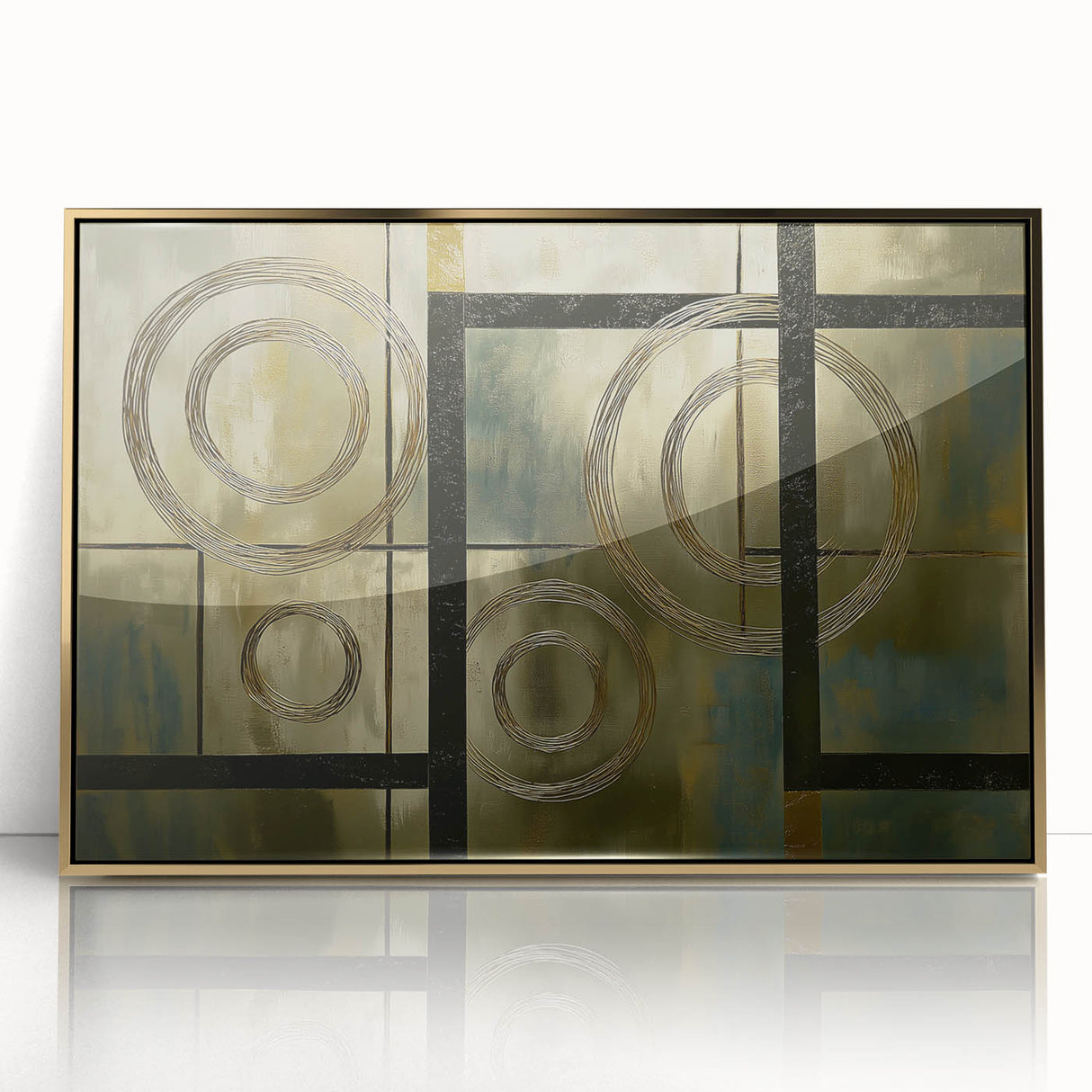 Abstract geometric design in a gold-framed acrylic print, showcasing intricate shapes and vibrant colors, ideal for modern home decor or office spaces.