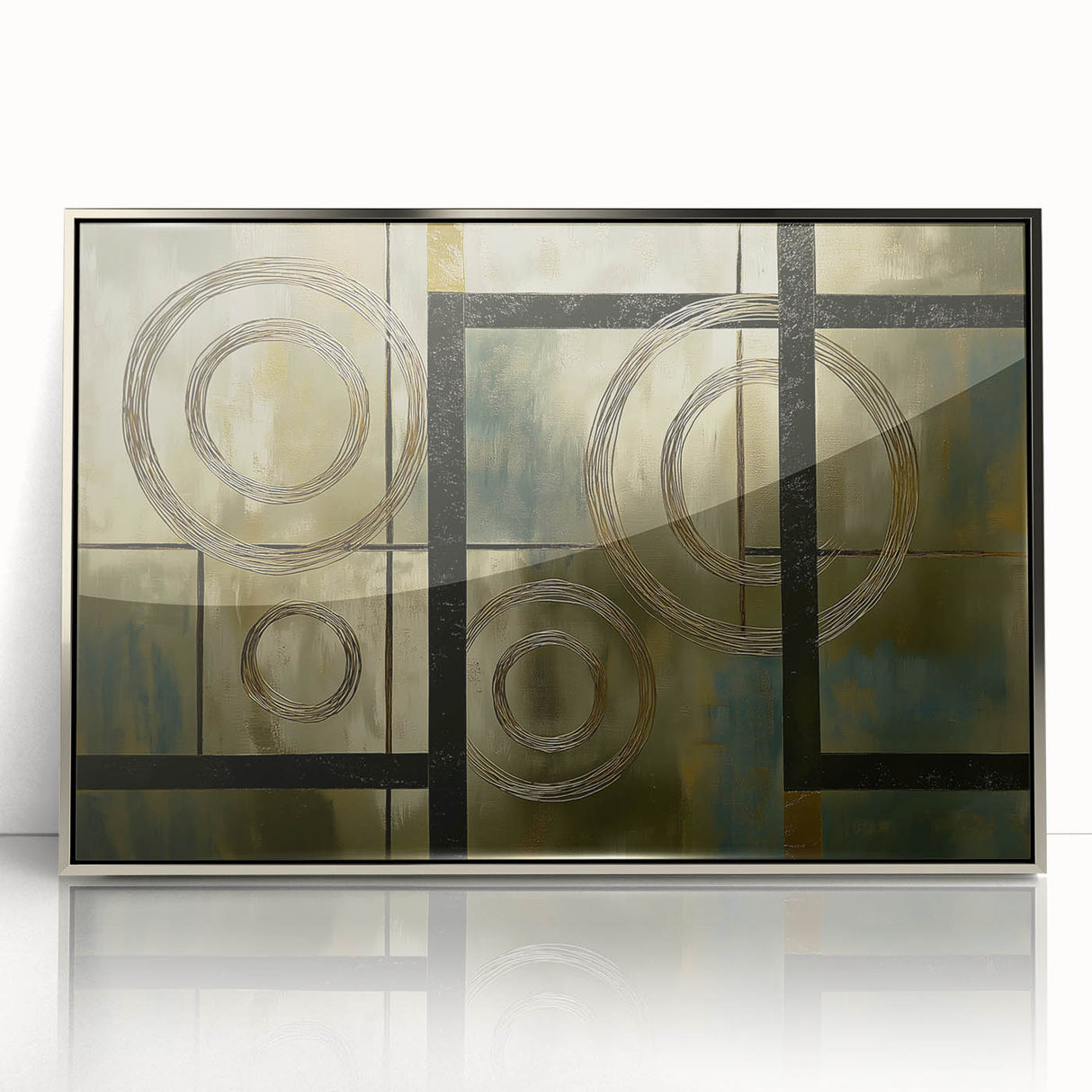 Framed abstract geometric acrylic artwork in silver tones, showcasing a modern design with sharp angles and intricate patterns, perfect for contemporary decor.