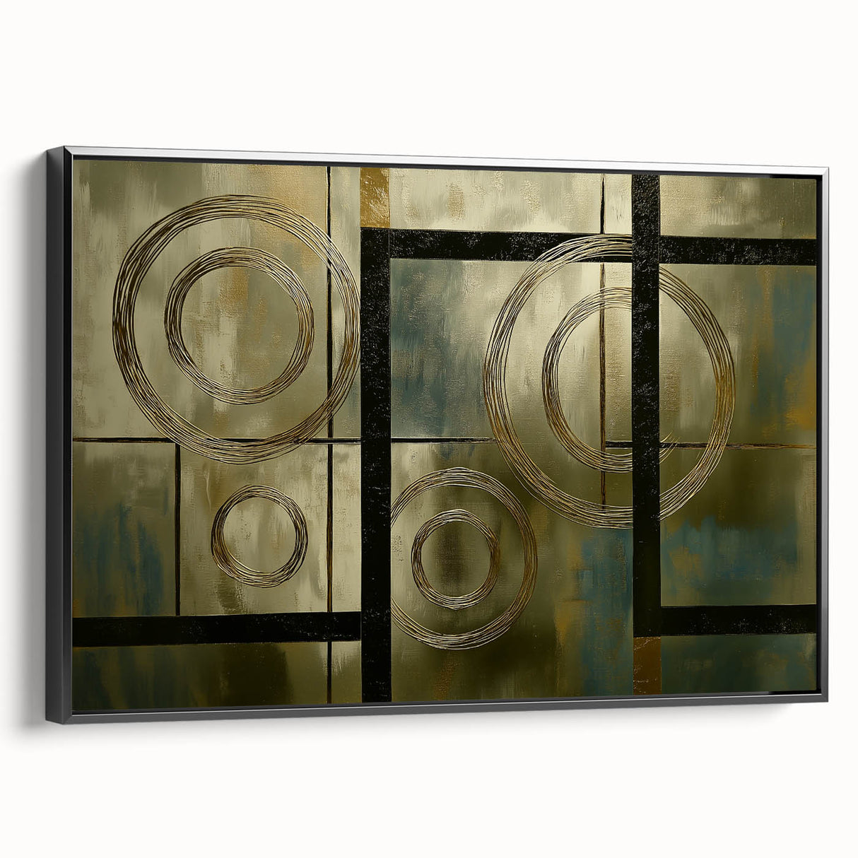 Abstract geometric framed canvas artwork showcasing a striking black design, elegantly displayed from the side, ideal for modern home decor. Perfect for enhancing contemporary interiors with its bold lines and shapes.