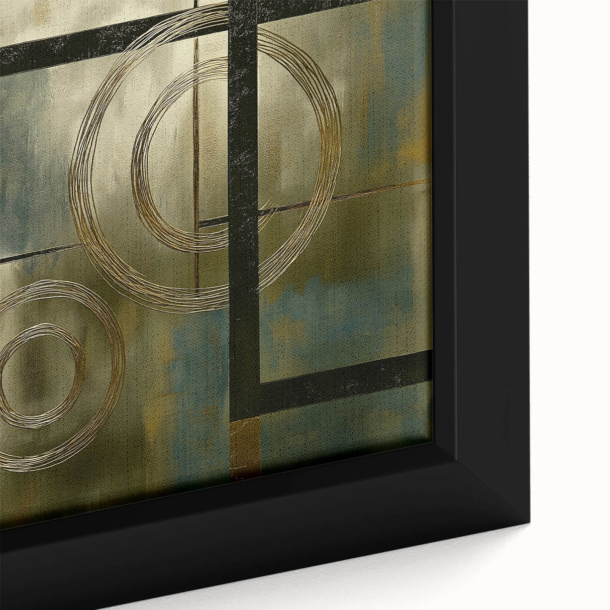 Close-up of an abstract geometric framed canvas showcasing vibrant colors and sharp angles, ideal for modern home decor or office spaces.