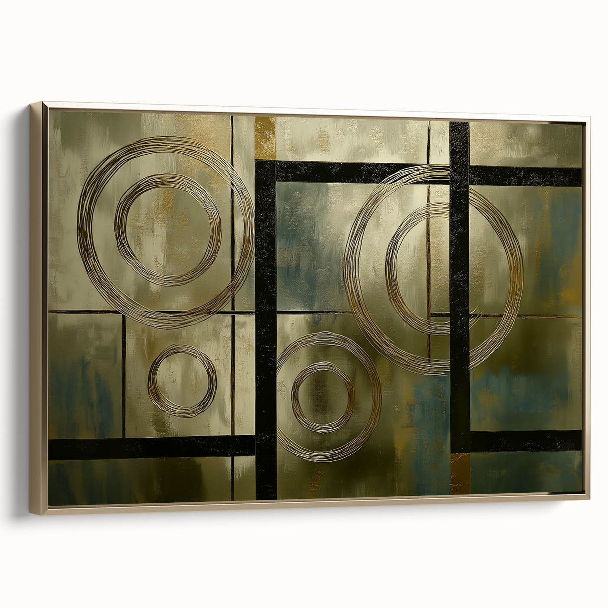 Abstract geometric framed canvas art showcasing a dynamic gold design, viewed from the side. Ideal for modern decor, adding elegance and sophistication to any room.