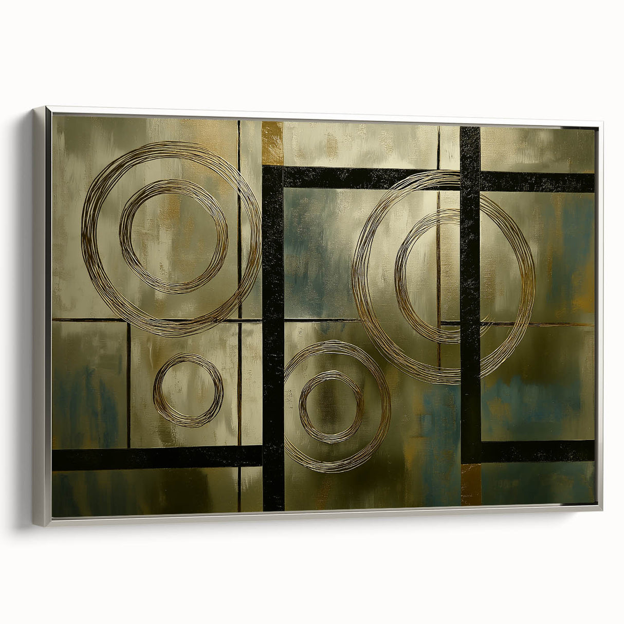 Framed abstract geometric canvas art in a sleek silver frame, showcasing dynamic shapes and a modern design, perfect for contemporary home decor.