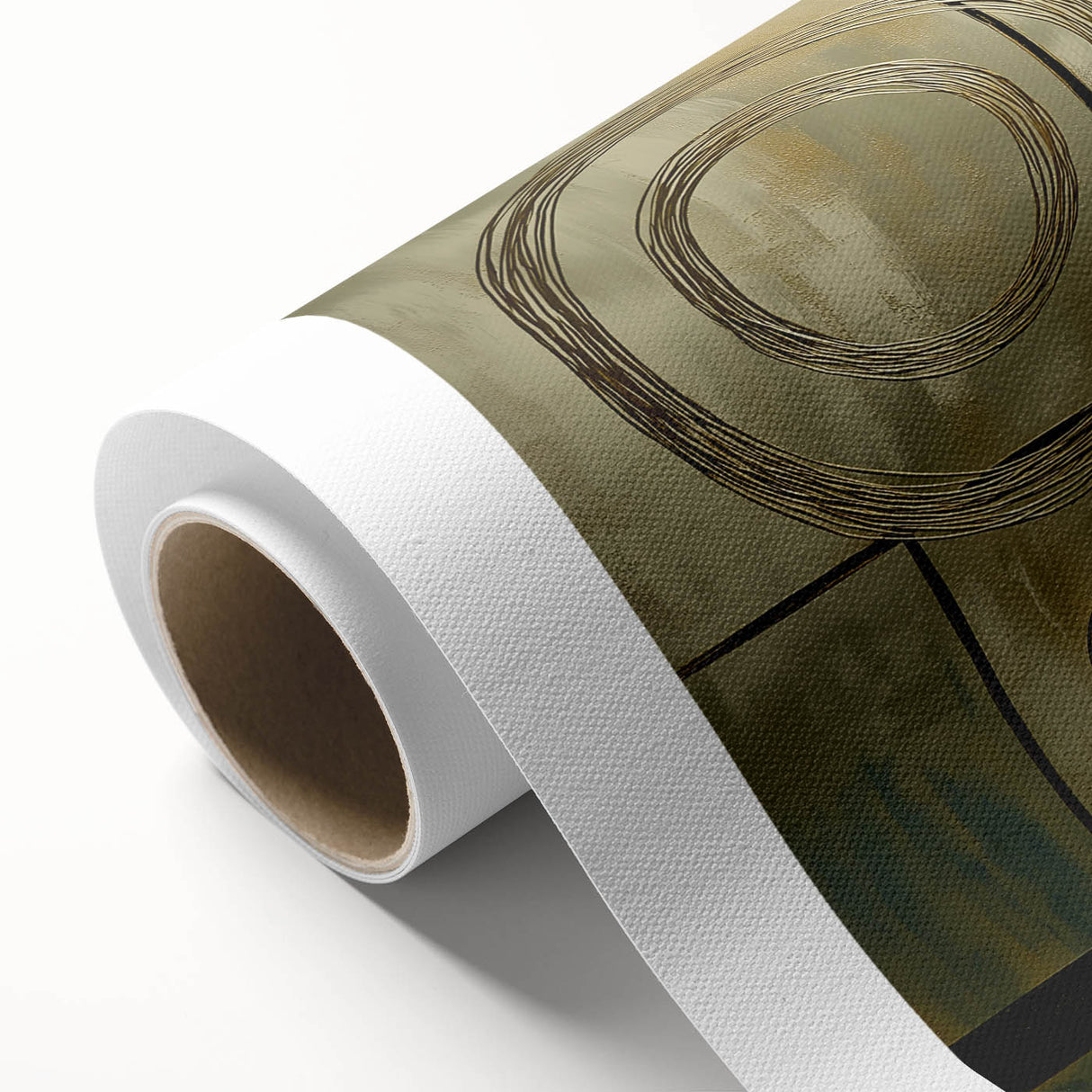 Abstract geometric design on rolled canvas showcasing vibrant colors and dynamic shapes, elegantly packaged in a protective cardboard tube for easy display.