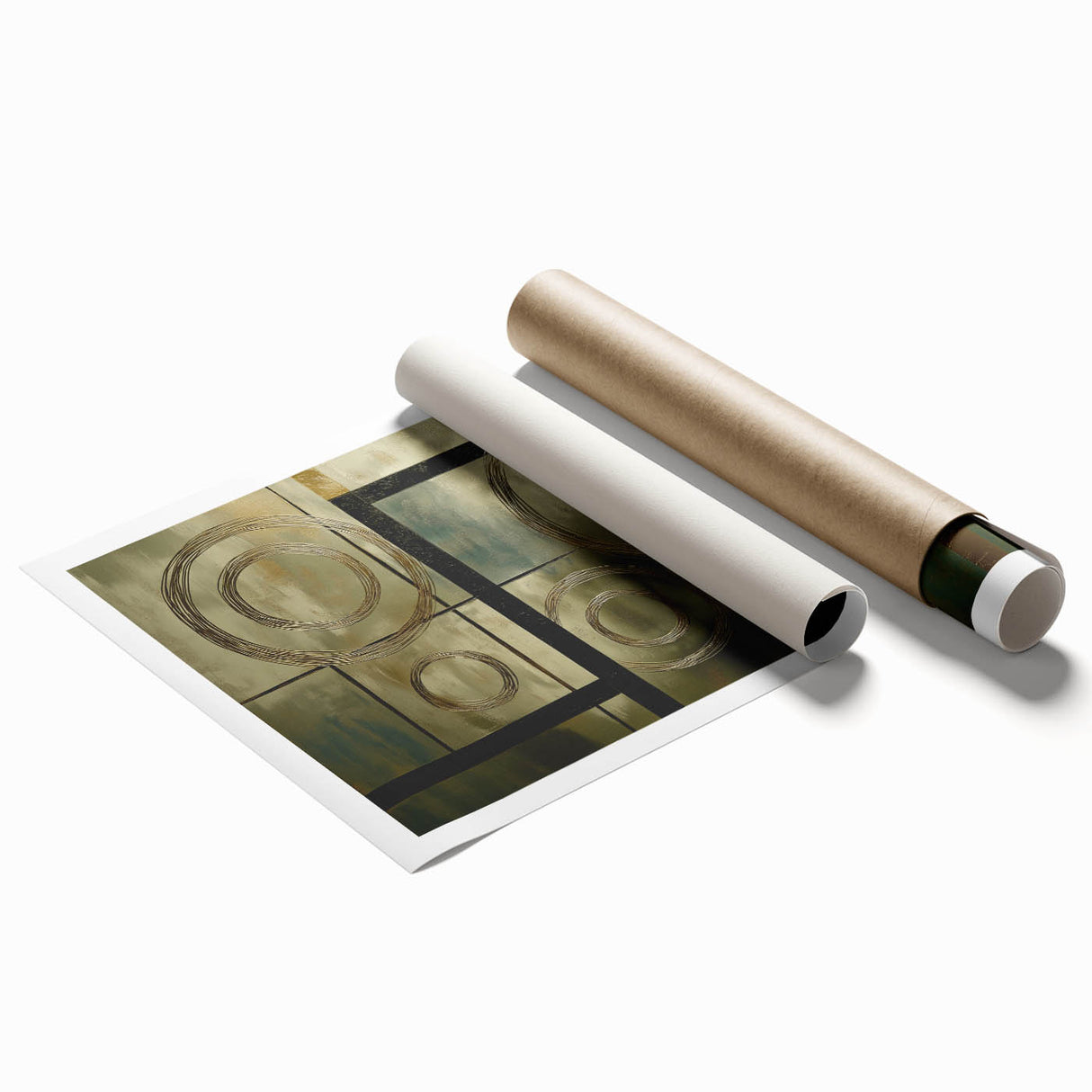 Abstract geometric rolled print featuring vibrant colors and intricate patterns, packaged securely in a durable cardboard tube for safe transport and display.