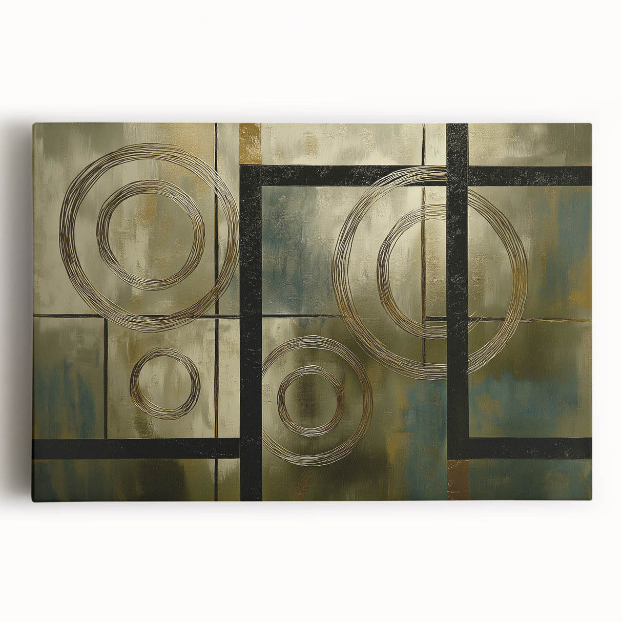 Vibrant abstract geometric stretched canvas artwork showcasing bold shapes and colors, ideal for modern home decor or office spaces, enhancing visual appeal.