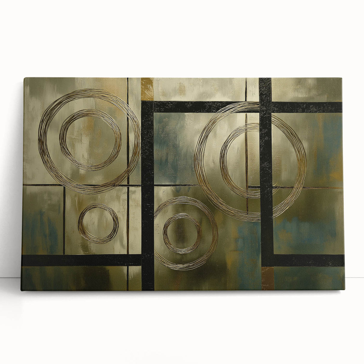 Abstract geometric stretched canvas artwork featuring vibrant colors and sharp angles, leaning against a neutral wall, perfect for modern home decor.