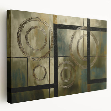 Abstract geometric design on stretched canvas showcasing vibrant colors and sharp angles, ideal for modern home decor. Side view emphasizes canvas depth and texture.