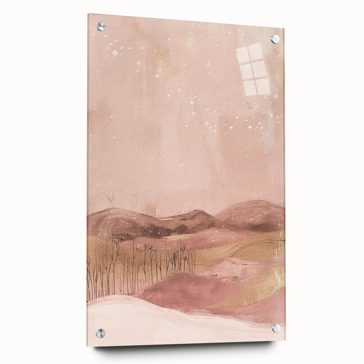 Abstract landscape wall art print displayed in a side view, showcasing vibrant colors and intricate details, mounted with pins for an elegant presentation.