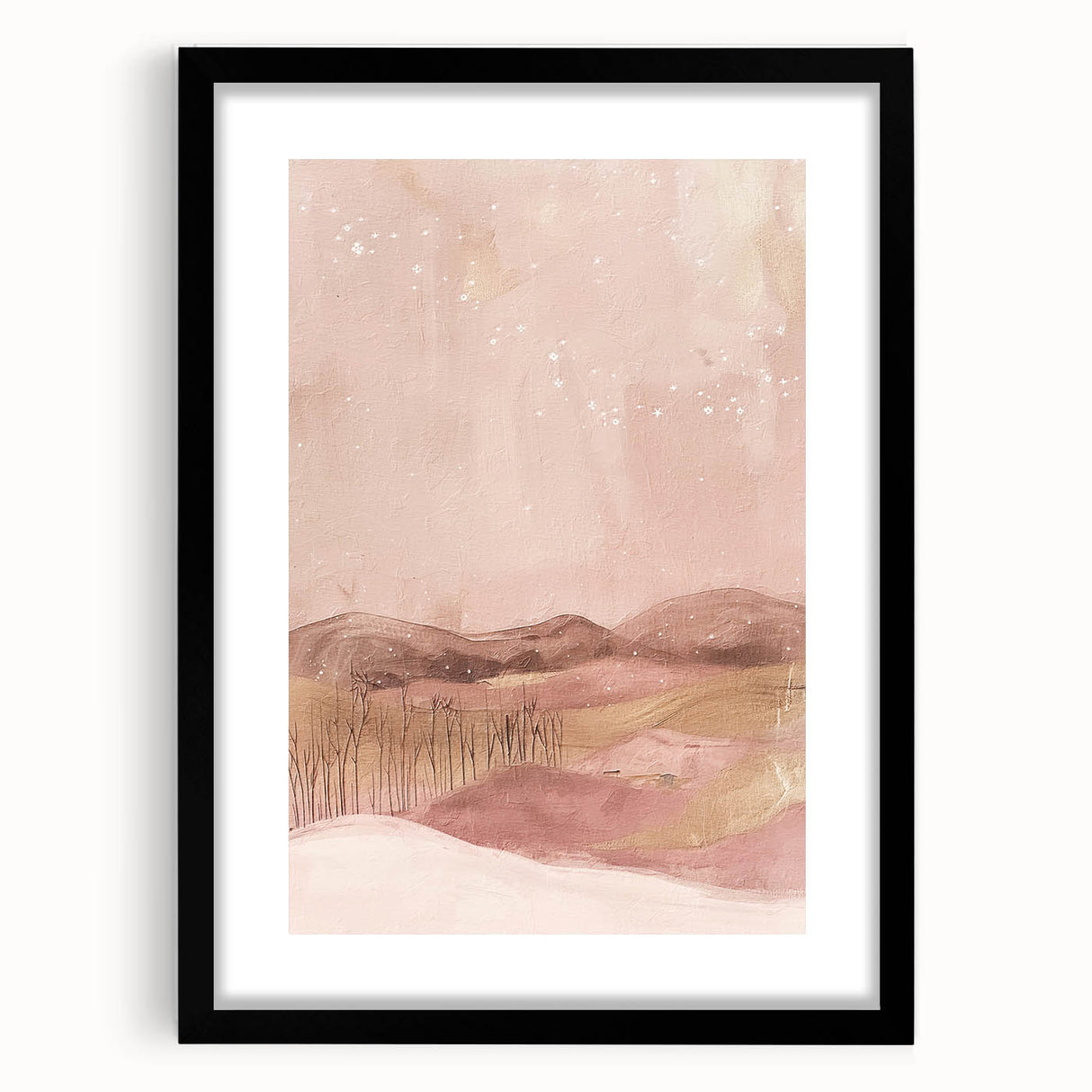 Abstract landscape wall art in a black frame with matting, showcasing vibrant colors and intricate designs, ideal for modern home decor and artistic spaces.