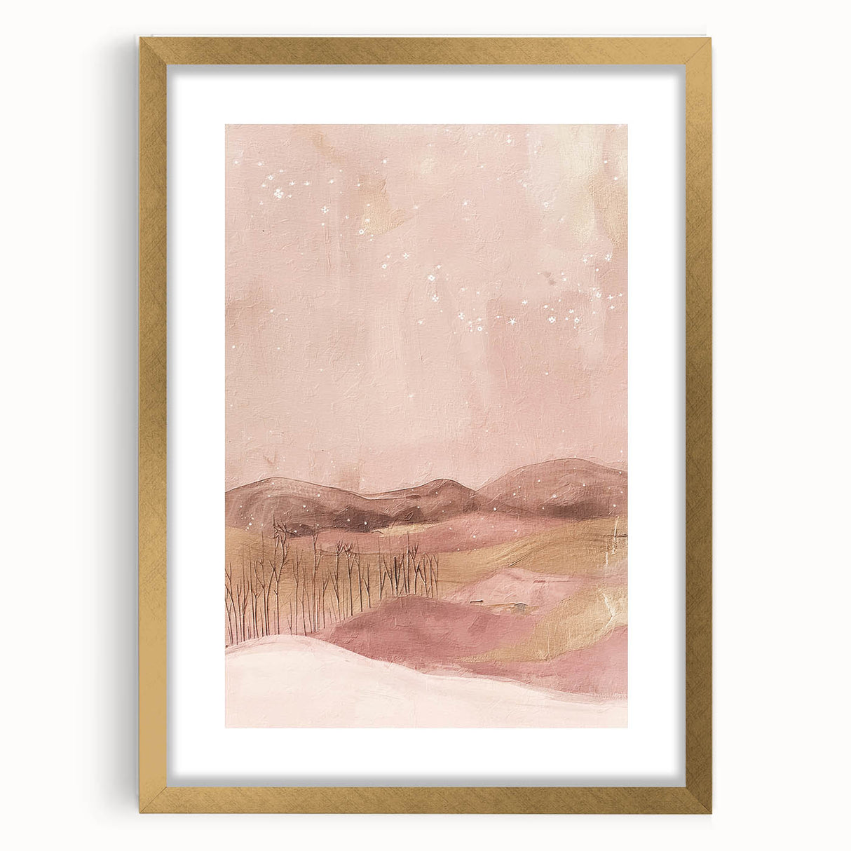Abstract landscape wall art framed in gold with a white mat, showcasing vibrant colors and fluid shapes, perfect for modern home decor and accent walls.