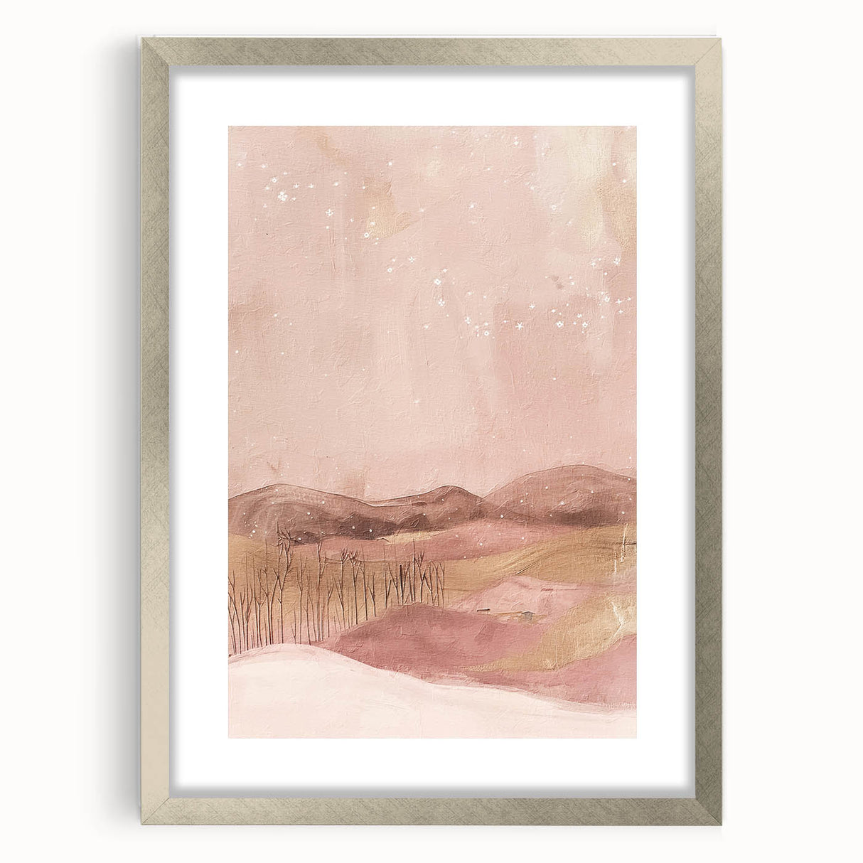 Abstract landscape wall art framed in silver with a white mat, showcasing vibrant colors and organic shapes, perfect for modern home decor.