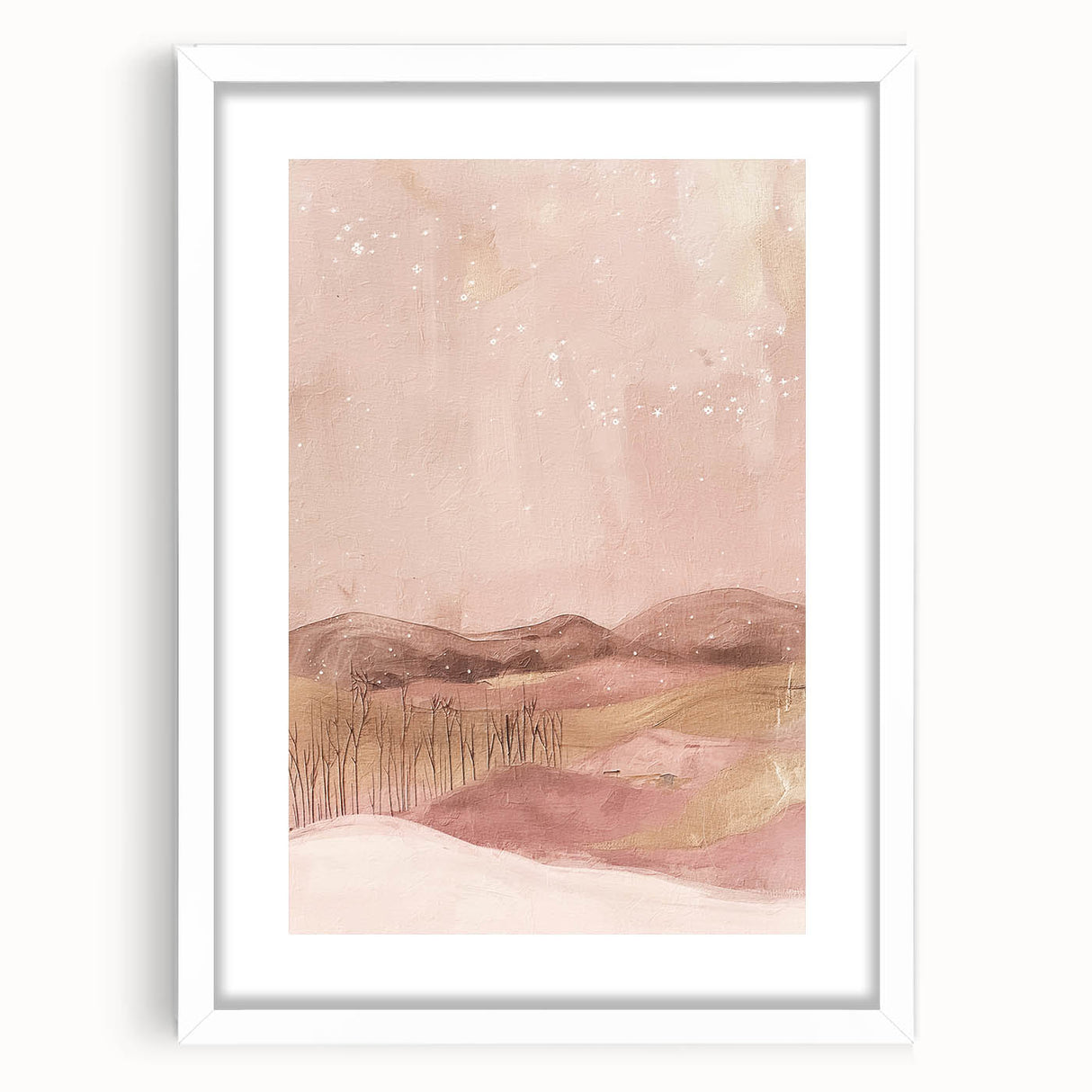 Abstract landscape wall art framed with a white mat, showcasing vibrant colors and fluid shapes, perfect for modern home decor. Ideal for enhancing interior aesthetics.