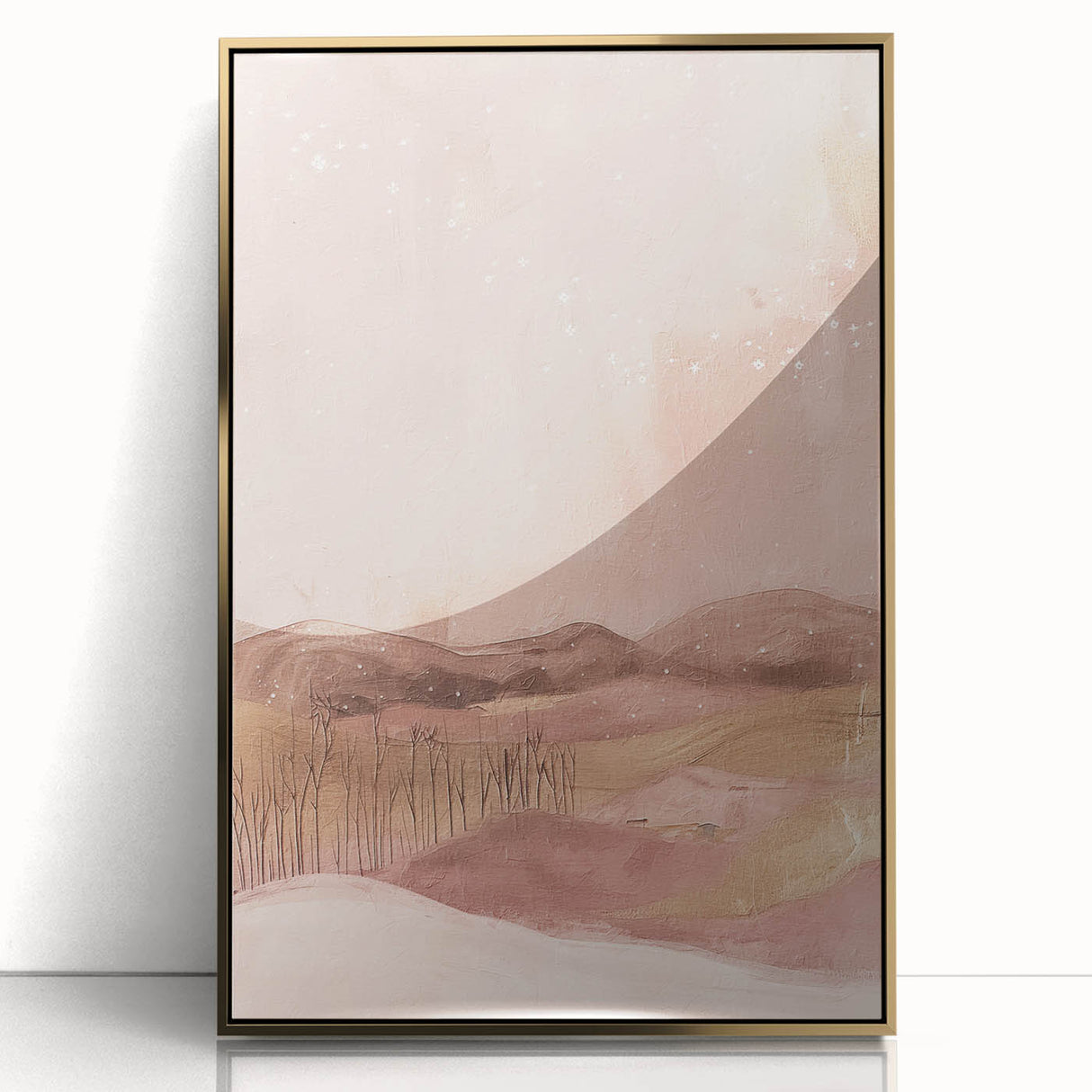Framed wall art depicting an abstract landscape with gold accents, showcasing a modern design on a sleek acrylic surface, perfect for contemporary home decor.