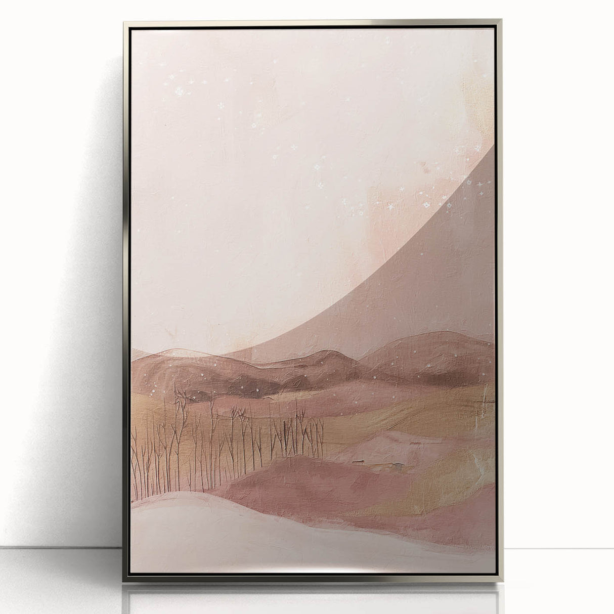 Framed abstract landscape wall art in silver acrylic, showcasing a blend of soft colors and dynamic shapes, ideal for modern home decor. Perfect for enhancing living spaces with a touch of elegance and creativity.