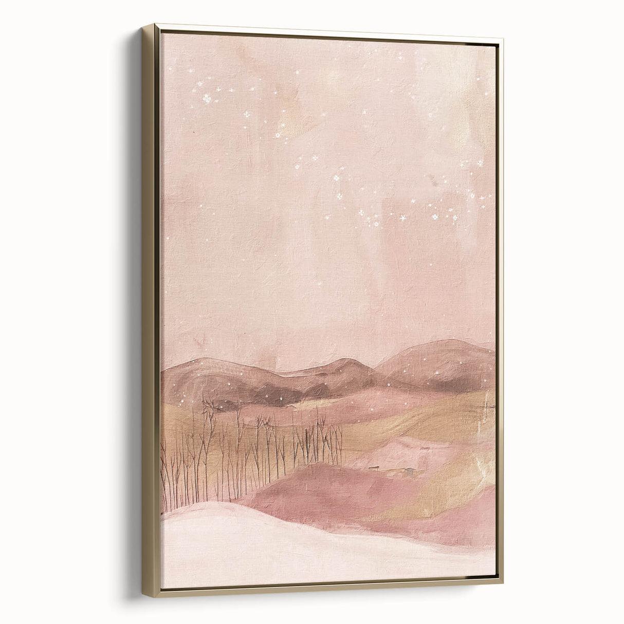 Framed abstract landscape wall art featuring gold accents and a textured surface, displayed in a stylish setting with a side view showcasing its elegant design. Perfect for modern home decor.