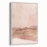 Framed abstract landscape wall art showcasing soft earthy tones and dynamic shapes, displayed in a sleek white frame, perfect for modern home decor. The canvas adds an artistic touch to any interior, enhancing the aesthetic appeal of living spaces.