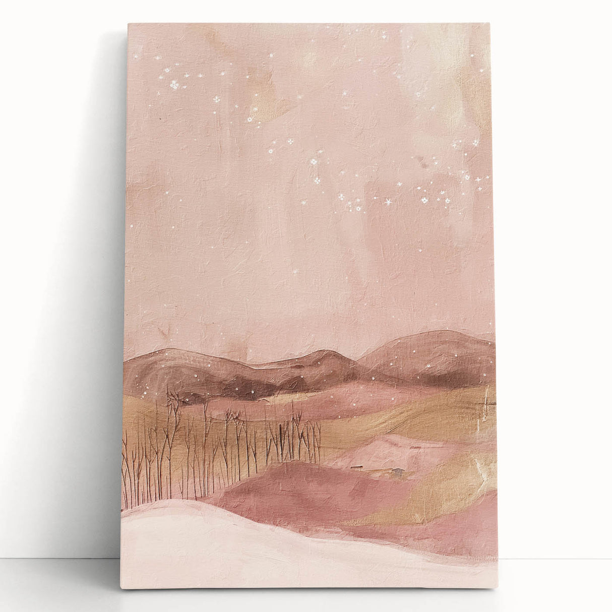 Abstract landscape wall art on stretched canvas, showcasing vibrant colors and fluid shapes. Ideal for modern decor, adding a touch of creativity to any room.