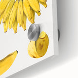 Large abstract wall art featuring assorted fruits in vibrant colors on acrylic glass, ideal for dining room decor.