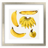 Textured abstract art print of assorted fruits in muted colors on a framed canvas, ideal for bedroom decor.