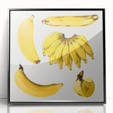 Large abstract wall art featuring assorted fruits in bold colors on a black acrylic framed print.