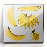 Large art print of assorted fruits in mid-century modernist style, framed in gold acrylic, suitable for nursery wall art.