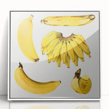 Art deco poster featuring an array of colorful fruits on white acrylic, framed, ideal for modern kitchen decor.