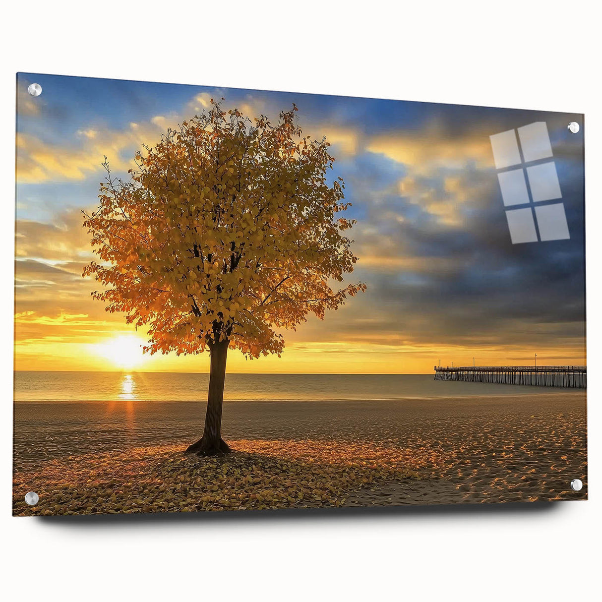 Acrylic glass artwork depicting a serene beach landscape with vibrant colors, secured with pins for display. Ideal for adding a coastal vibe to modern decor.