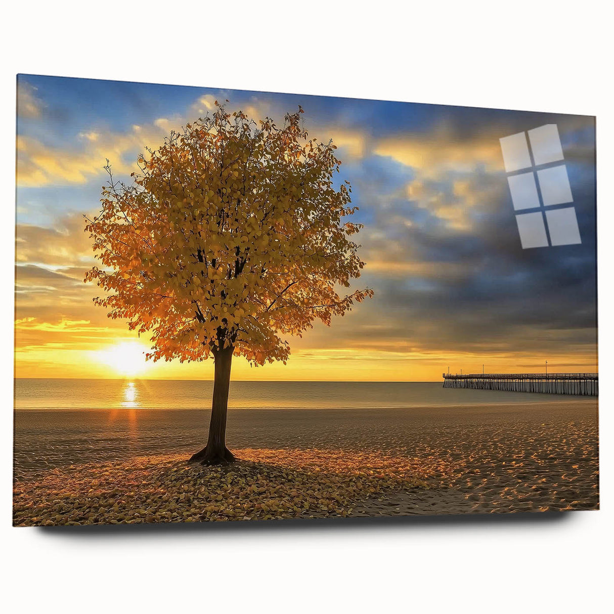 Acrylic glass artwork depicting a serene beach landscape with soft pastel hues, highlighting gentle waves and a clear sky, presented elegantly in a side view without pins.