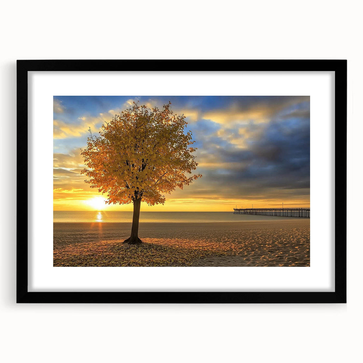 Landscape artwork of serene beaches framed in a sleek black mat, showcasing vibrant colors and tranquil ocean views, perfect for home decor and relaxation.