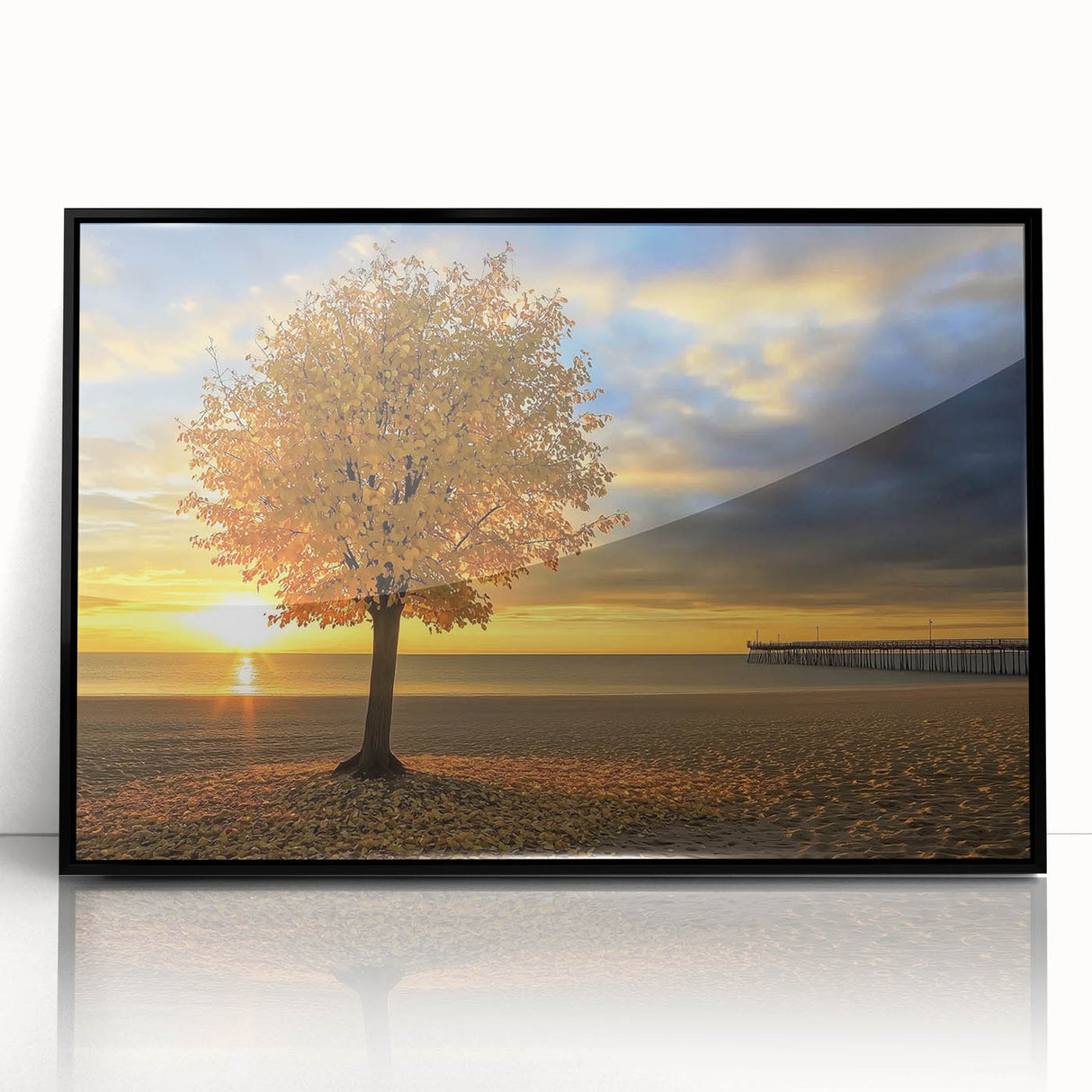 Framed acrylic artwork showcasing a serene beach landscape with vibrant blue skies and golden sands, featuring a sleek black frame for a modern aesthetic. Perfect for coastal decor enthusiasts looking to enhance their interior spaces.