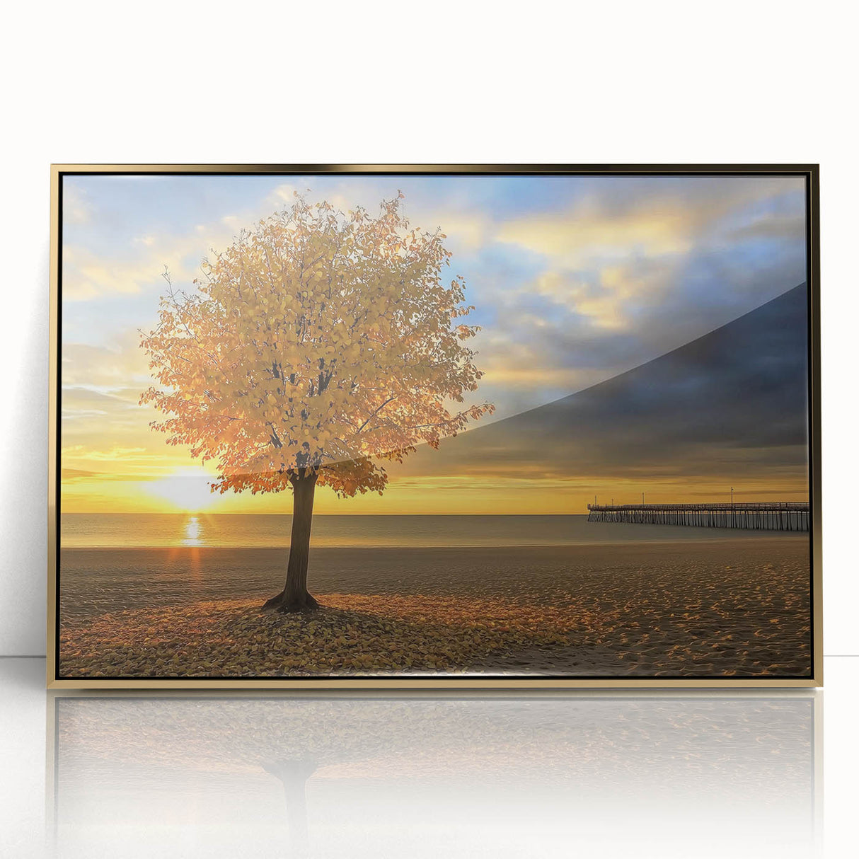 Framed acrylic artwork showcasing a vibrant beach landscape with golden accents, perfect for home decor, capturing serene coastal vibes and natural beauty.