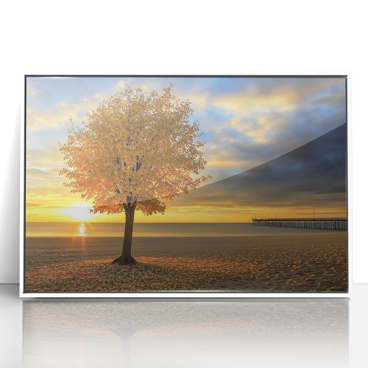 Framed acrylic artwork depicting a serene beach landscape with vibrant colors, set in a white frame, perfect for enhancing coastal-themed decor.